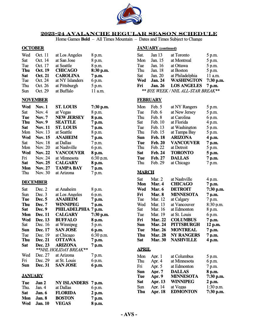 Unpacking The 2023-24 Colorado Avalanche Schedule - Mile High Hockey | Avalanche 2023 to 2024 Printable Calendar