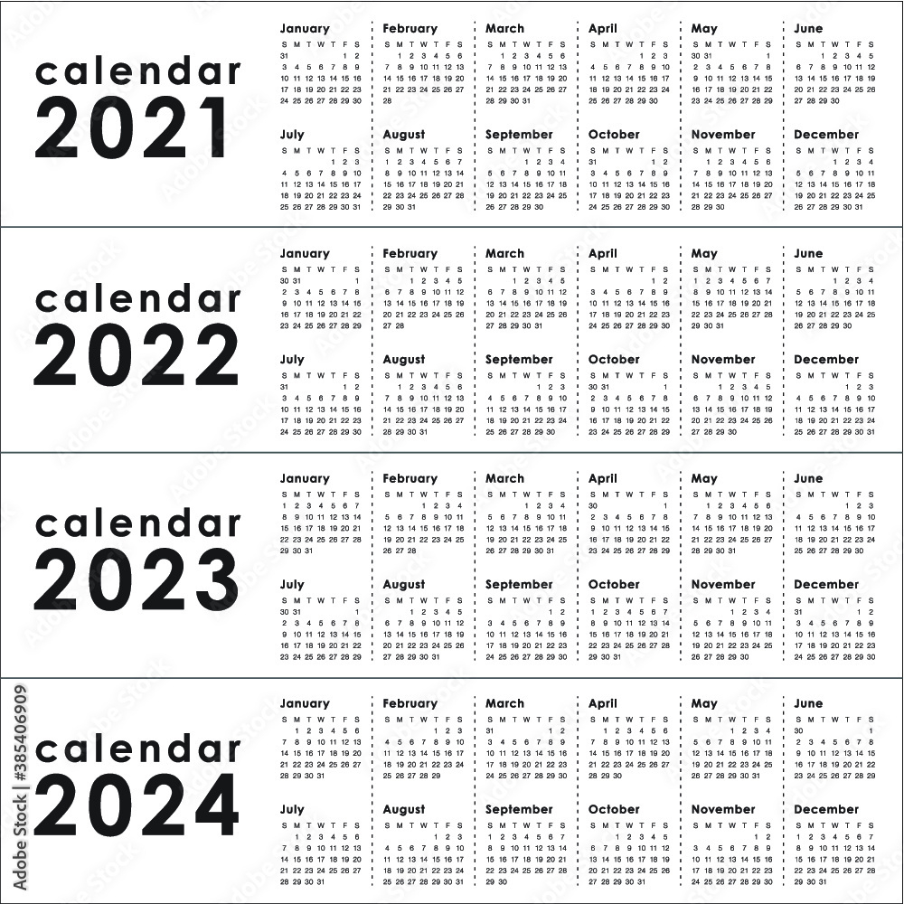 Vecteur Stock Year 2021 2022 2023 2024 Calendar Vector Design | 4 Year Calendar 2021 to 2024 Printable