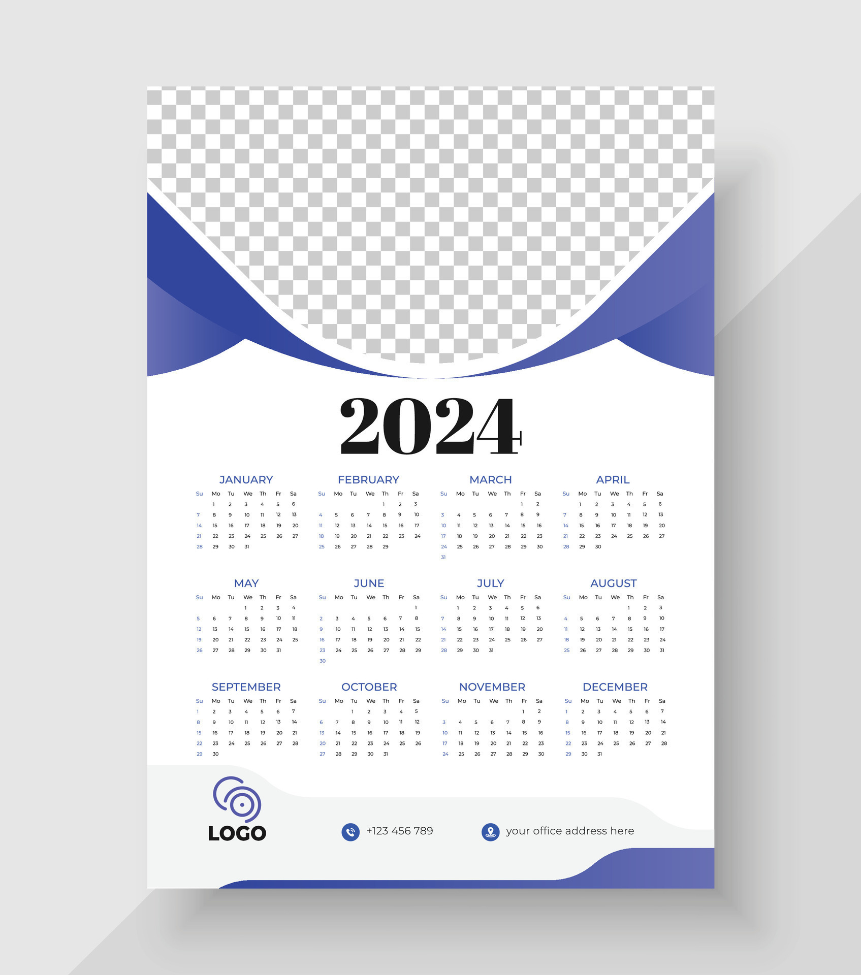 Wall Calendar 2024 Template Design. Print Ready One Page Wall | 2024 Wall Calendar Printable