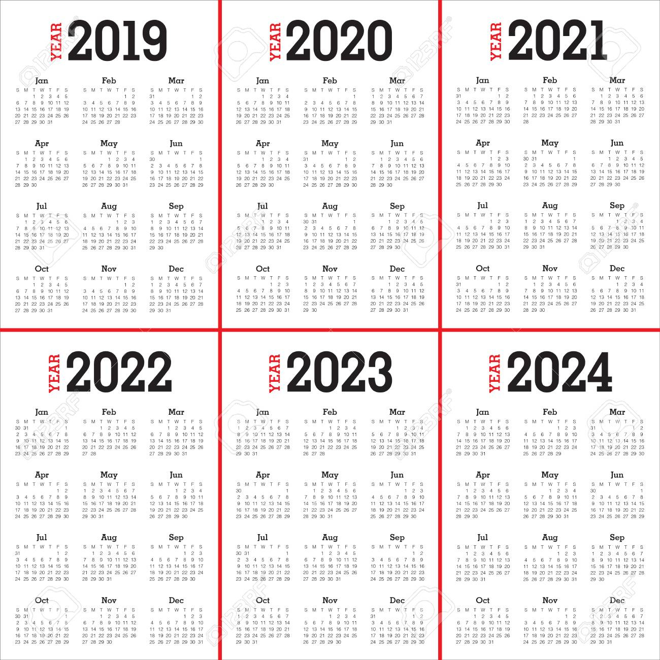 Year 2019 2020 2021 2022 2023 2024 Calendar Vector Design Template | 4 Year Calendar 2021 To 2024 Printable