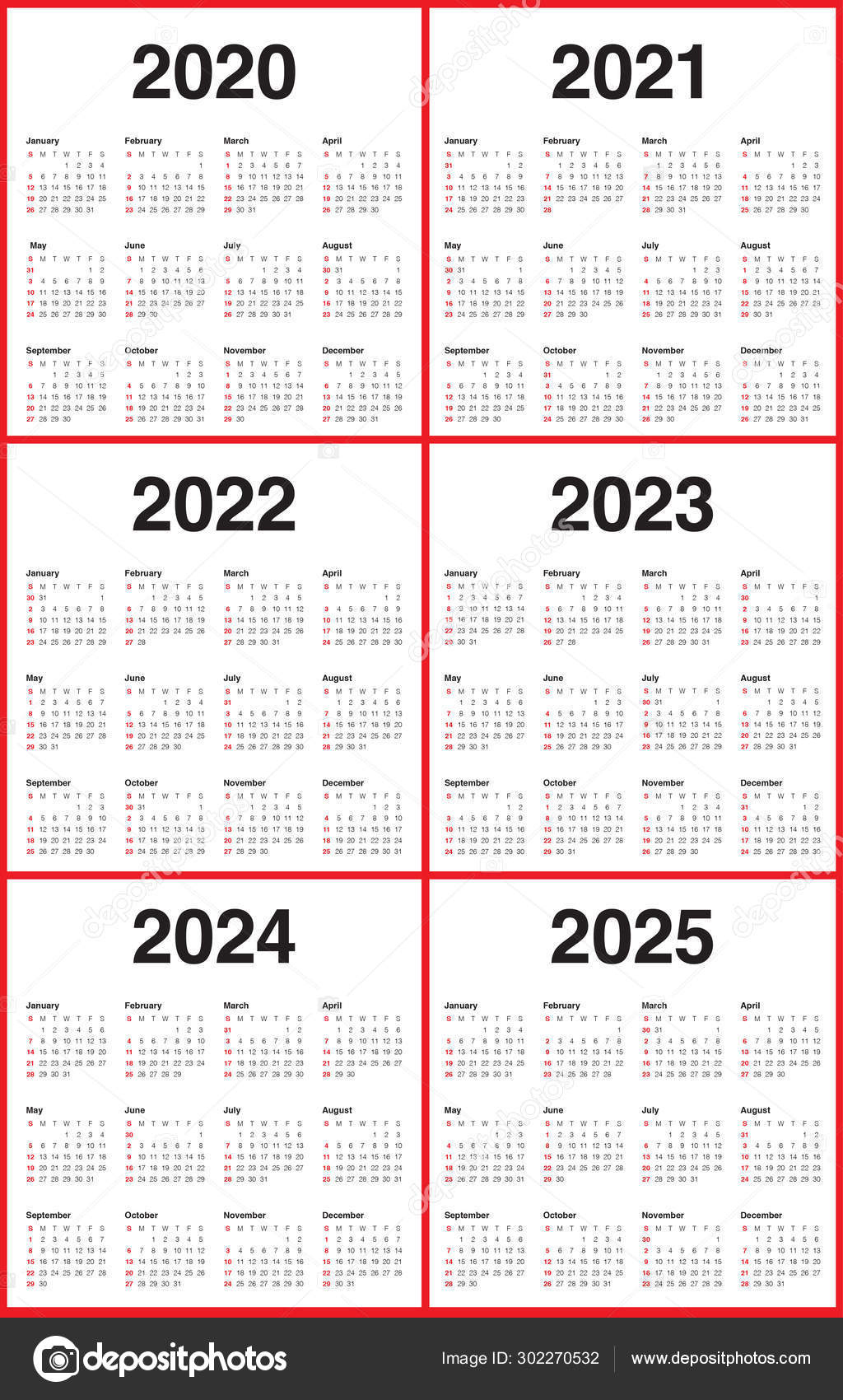 Year 2020 2021 2022 2023 2024 2025 Calendar Vector Design Templa | 4 Year Calendar 2020 To 2024 Printable