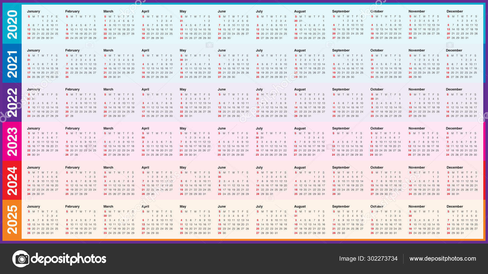 Year 2020 2021 2022 2023 2024 2025 Calendar Vector Design Templa | 5 Year Calendar 2020 to 2024 Printable