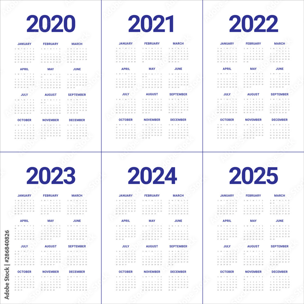 Year 2020 2021 2022 2023 2024 2025 Calendar Vector Design Template | 4 Year Calendar 2020 to 2024 Printable