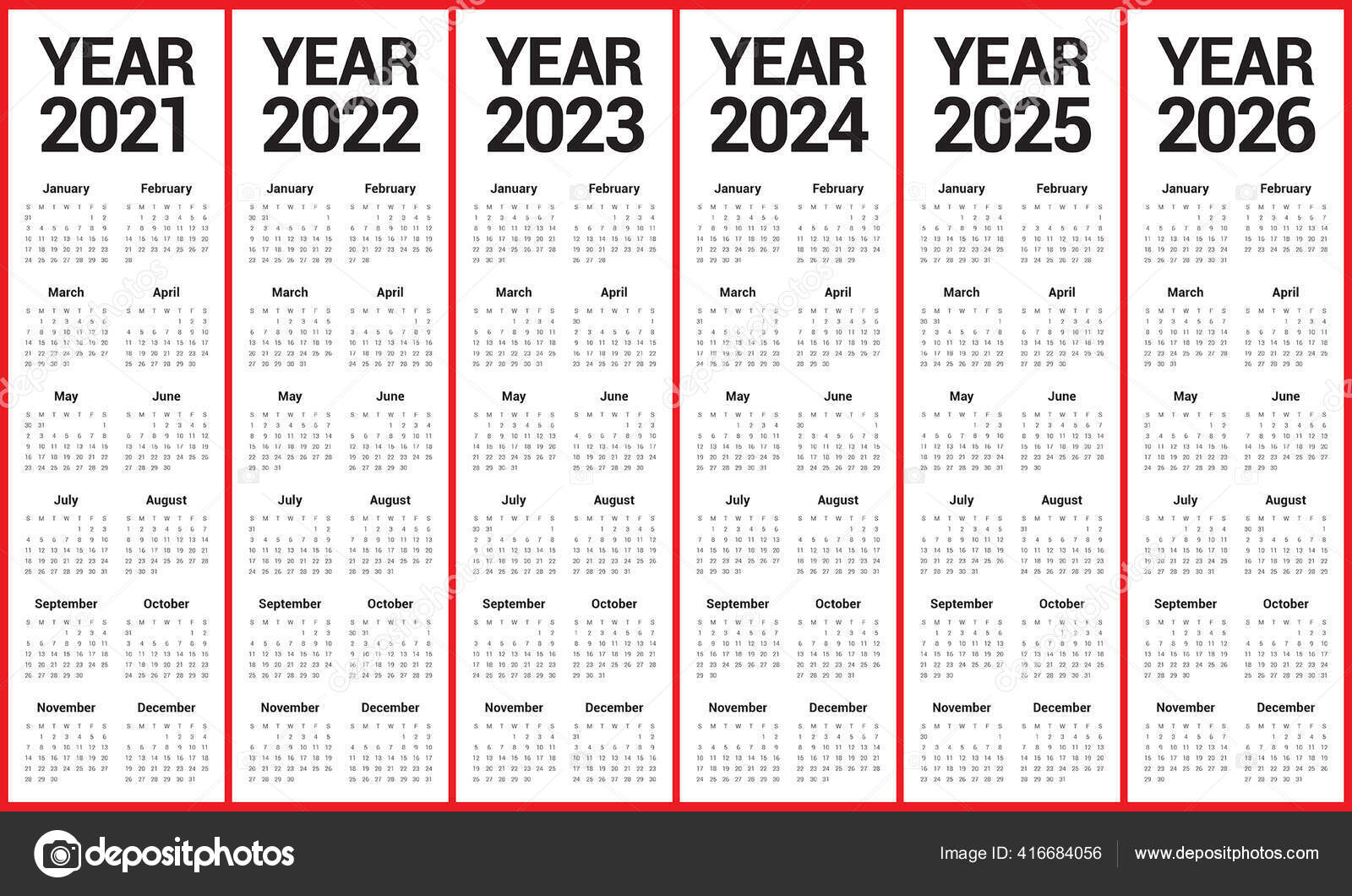 Year 2021 2022 2023 2024 2025 2026 Calendar Vector Design Stock |  Calendar 2024