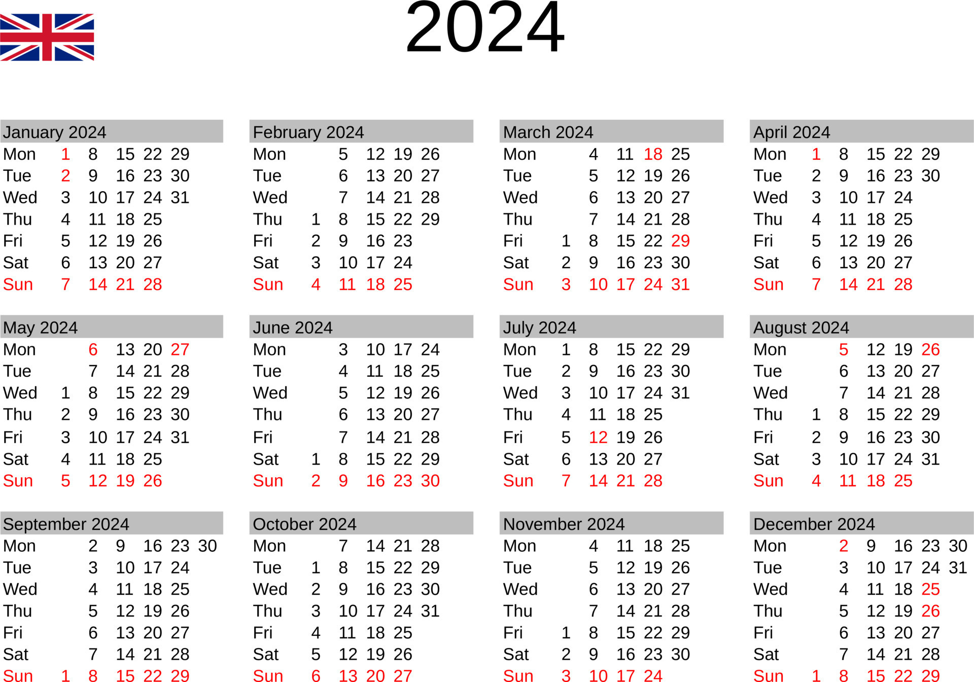 Year 2024 Calendar In English With United Kingdom Holidays | Uk Calendar 2024 With Bank Holidays Printable Free