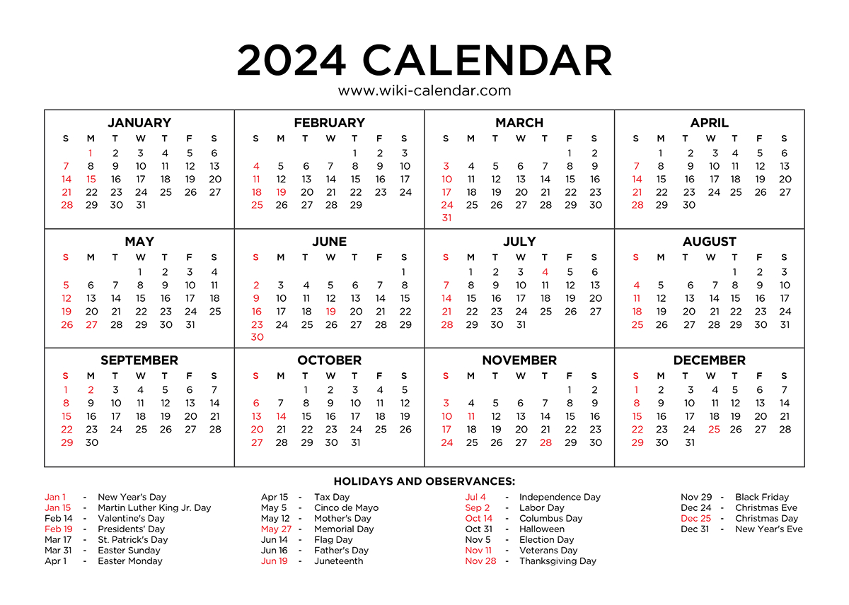 2024 Printable Yearly Calendar with Holidays | Calendar 2024 ...