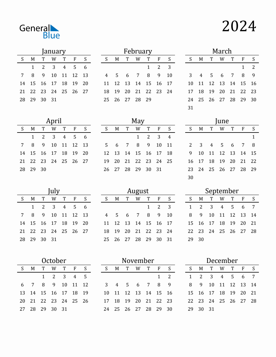 Year 2024 Free Printable 12-Month Calendar | 2024 12 Month Calendar On One Page Printable