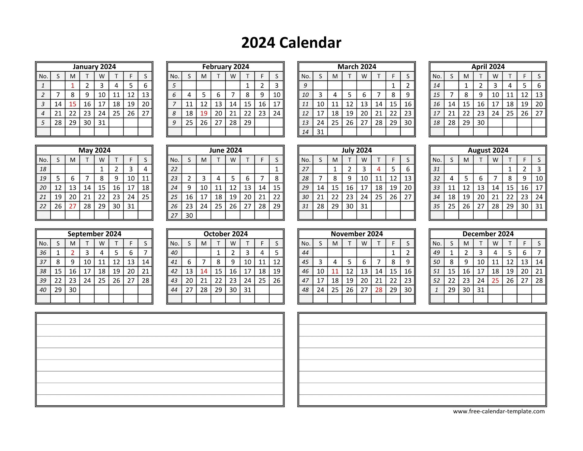 Yearly 2024 Calendar Printable With Space For Notes | Free |  Calendar 2024