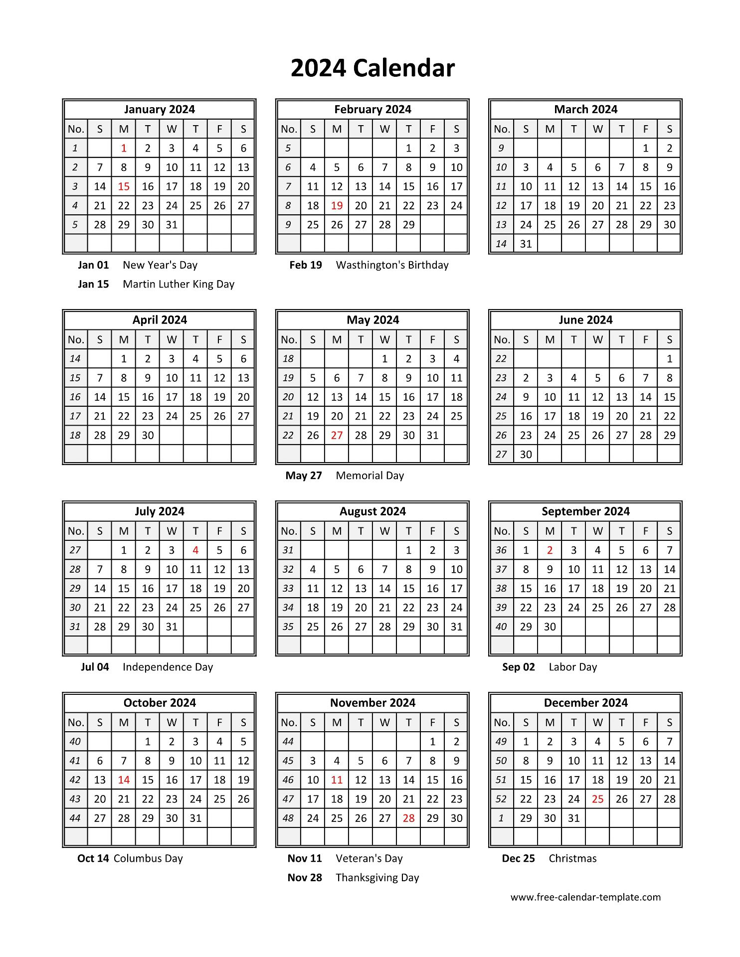 Yearly Printable Calendar 2024 With Holidays | Free-Calendar |  Calendar 2024