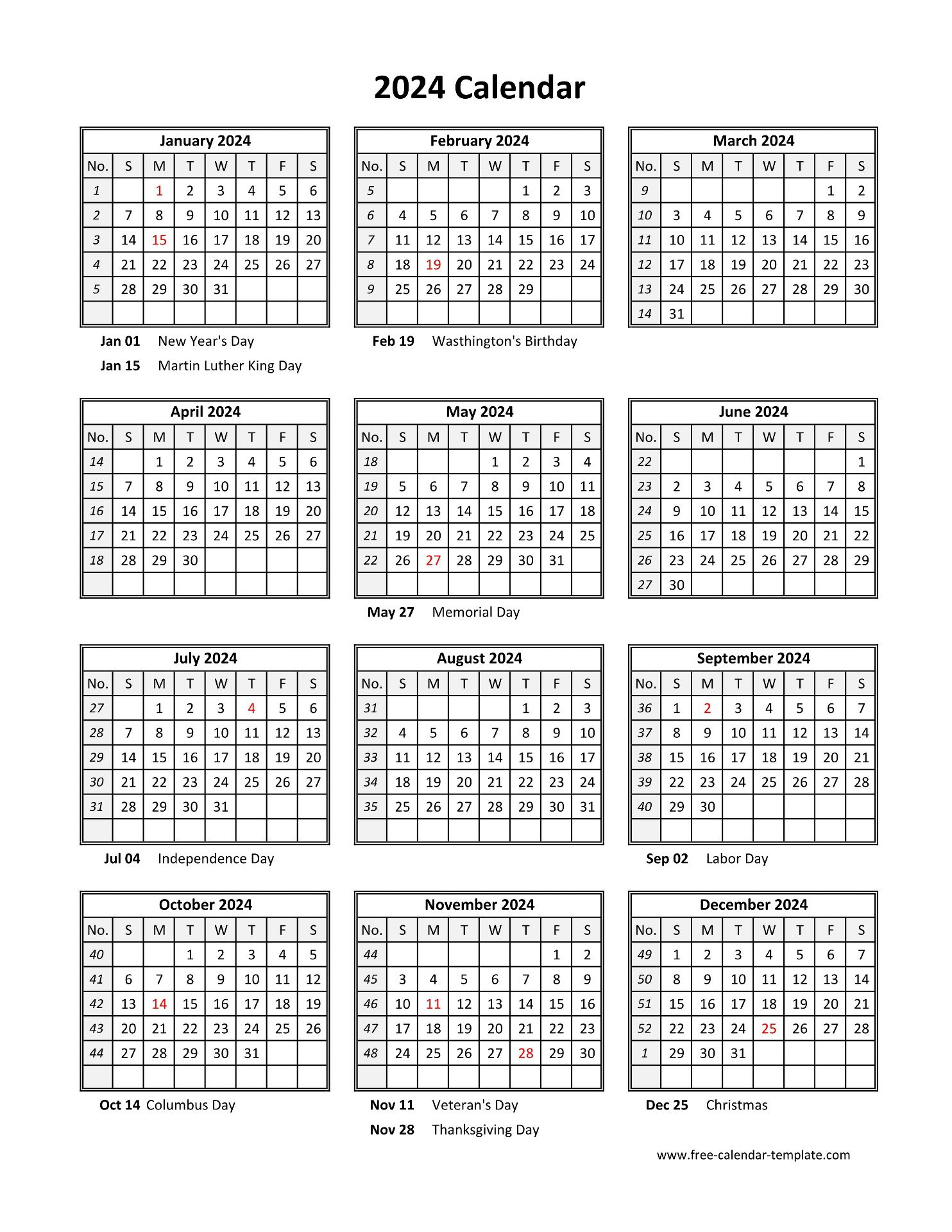 Yearly Printable Calendar 2024 With Holidays | Free-Calendar | Free Printable 12 Month Calendar 2024