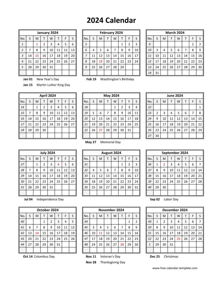 Yearly Calendar 2024 Printable with Holidays | Calendar 2024