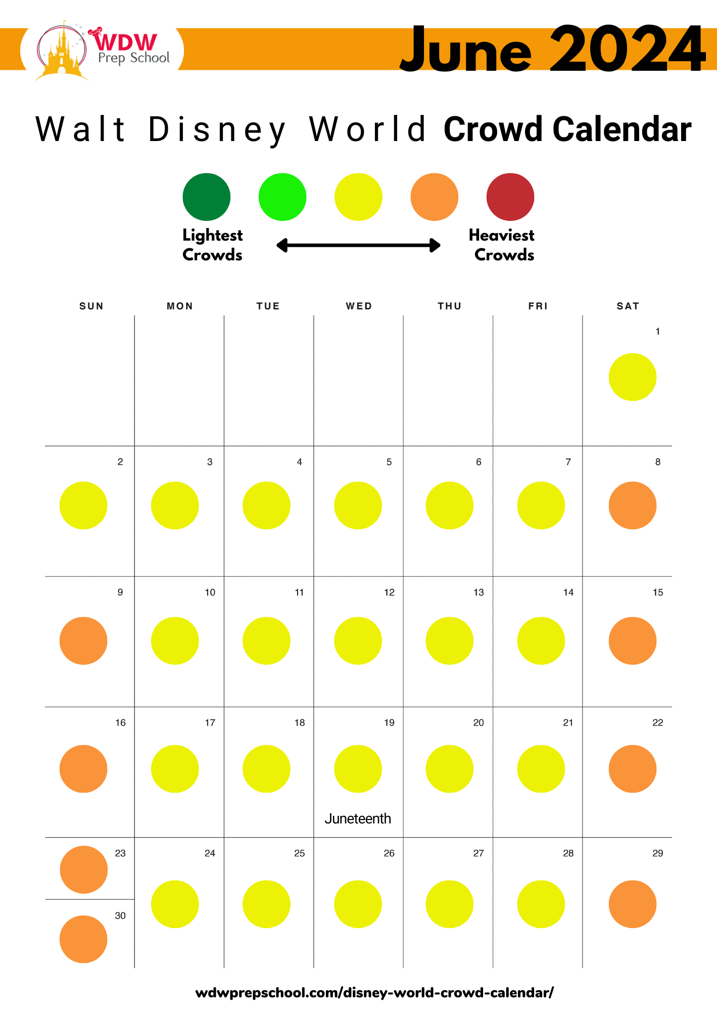 June 2024 Disney Crowd Calendar | Calendar 2024 | Printable Calendar 2024