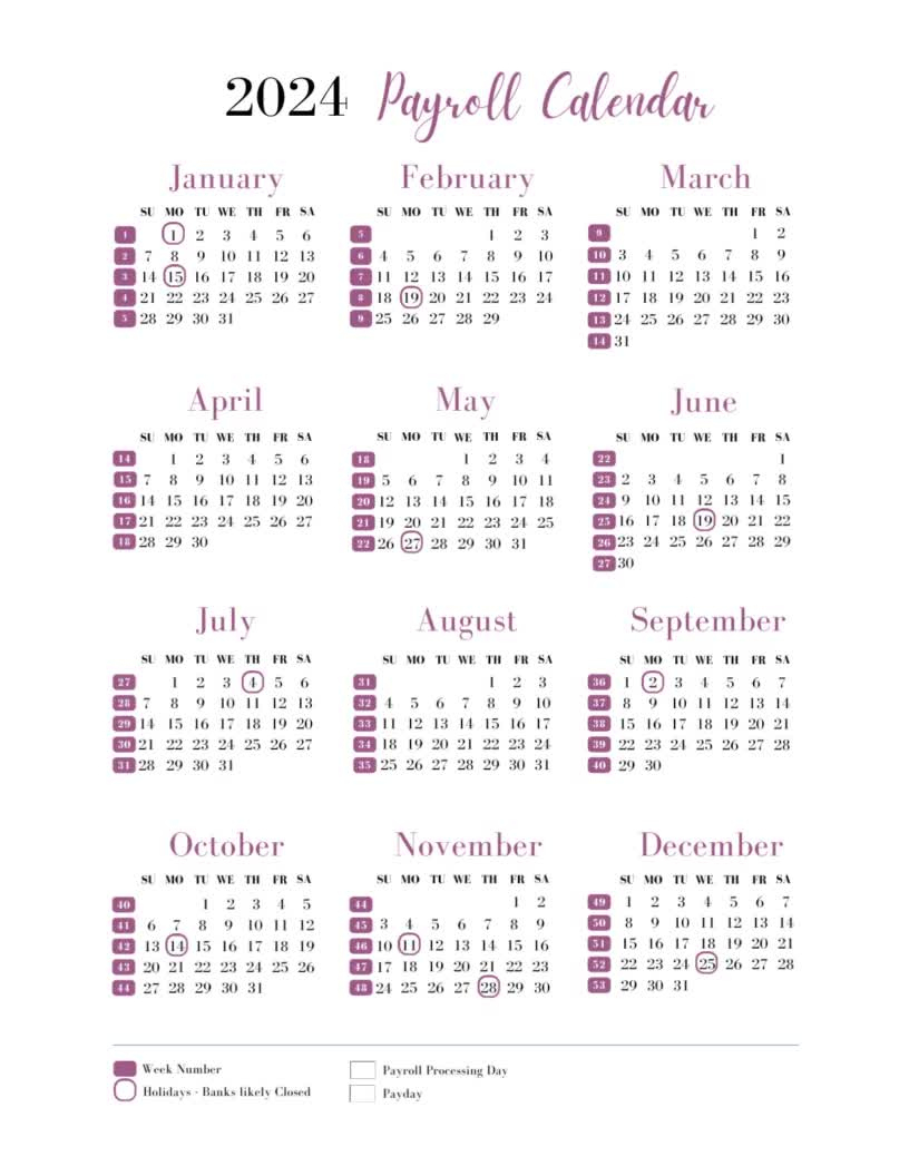 2024 Annual Printable Payroll Calendar, Download Yearly Payroll Calendar With Holidays &amp;amp; Week Numbers, Sun-Sat, Pay Periods, Working Days | 2024 Payroll Calendar Biweekly Printable