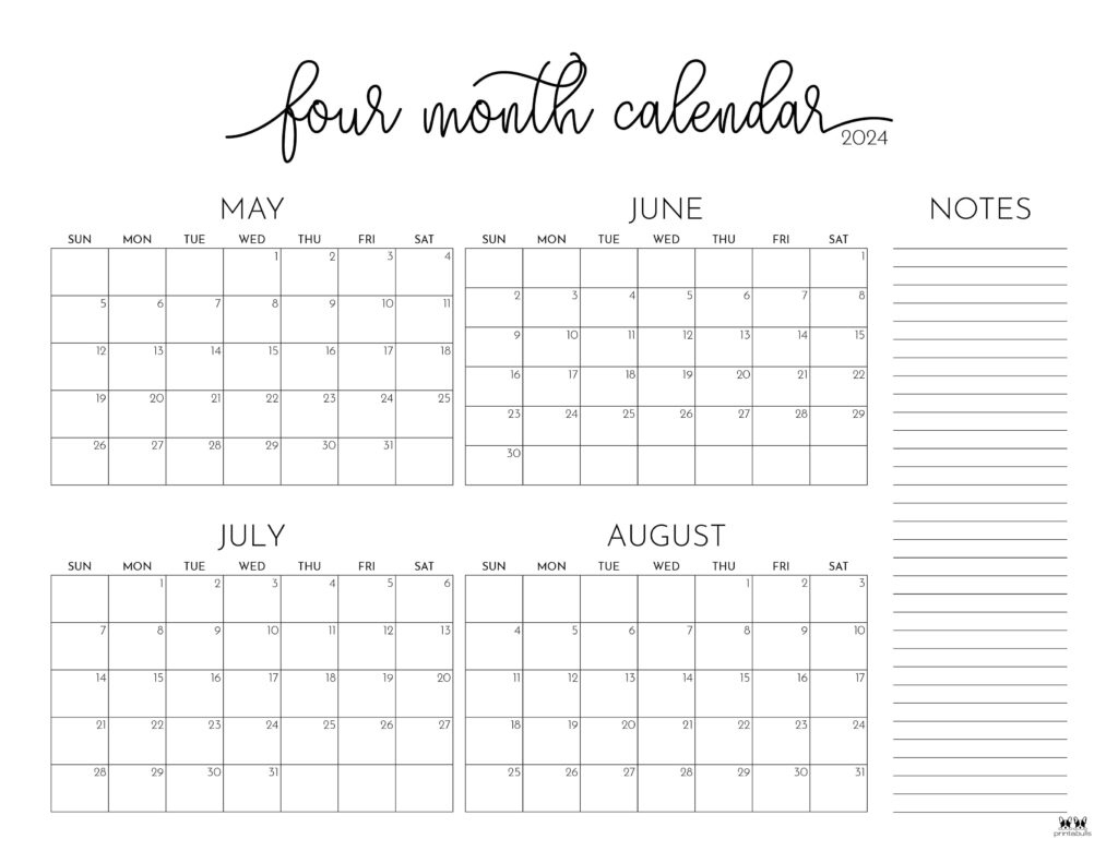2024 Four Month Calendars - 18 Free Printables | Printabulls | April May June July 2024 Calendar