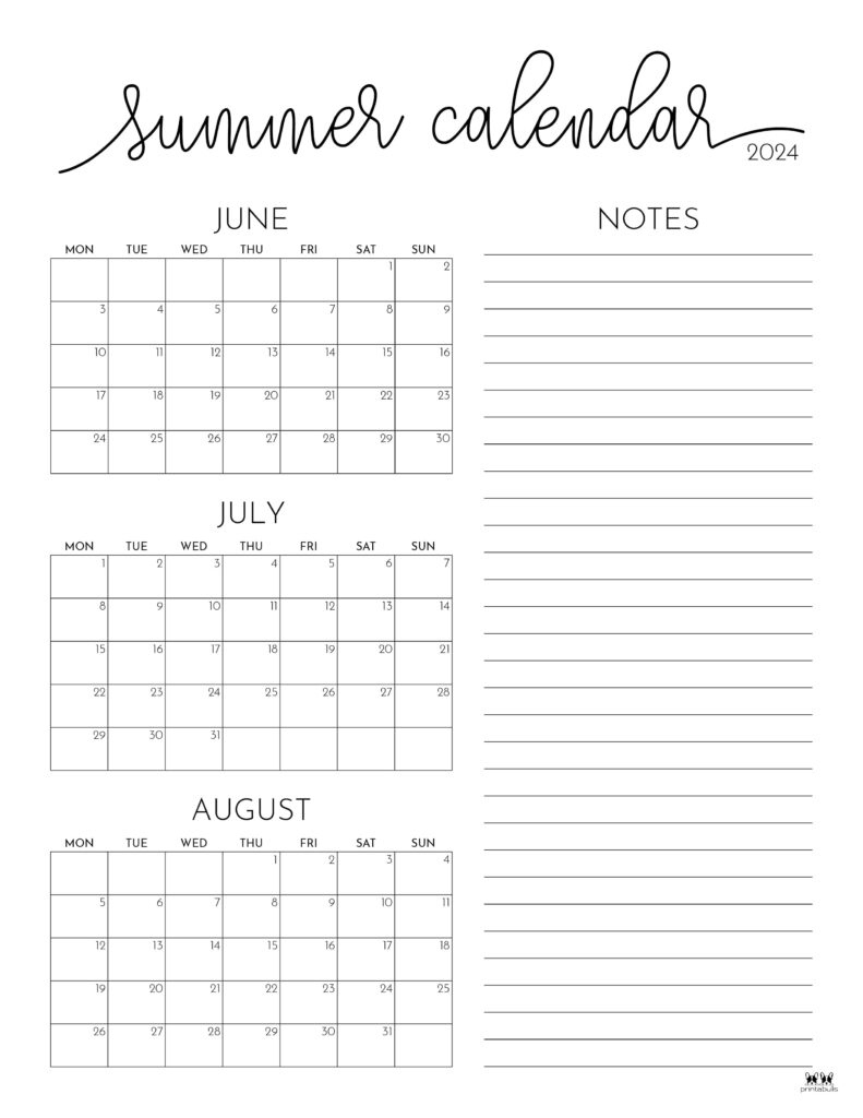 2024 Summer Calendars - 18 Free Printables | Printabulls | 3 Month Calendar 2024 June July August