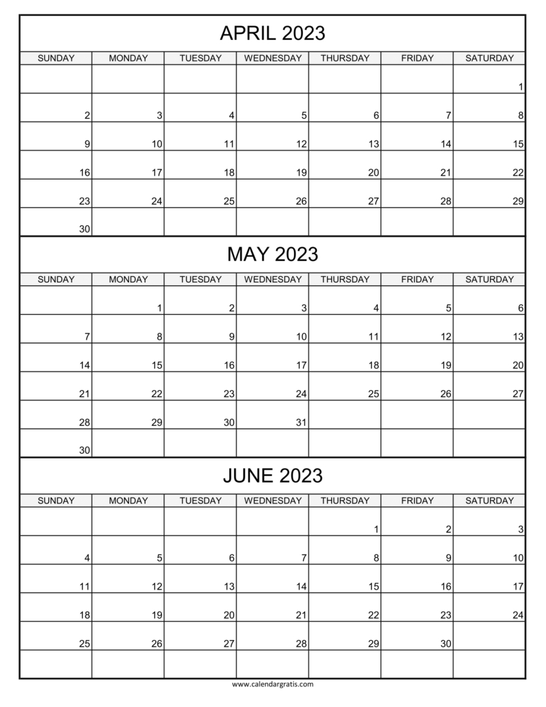 April May June 2023 Calendar Printable Template | Three Month Calendar | Calendar 2024