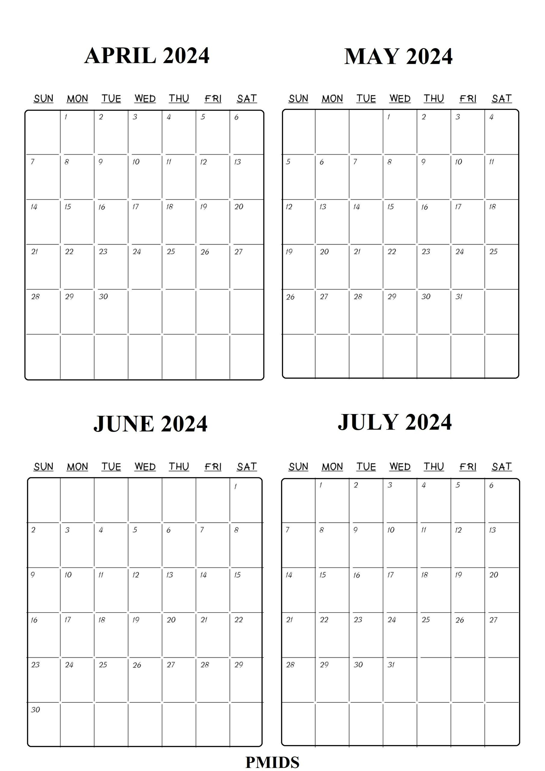 April To July 2024 Calendar Printable Templates | April May June July 2024 Calendar