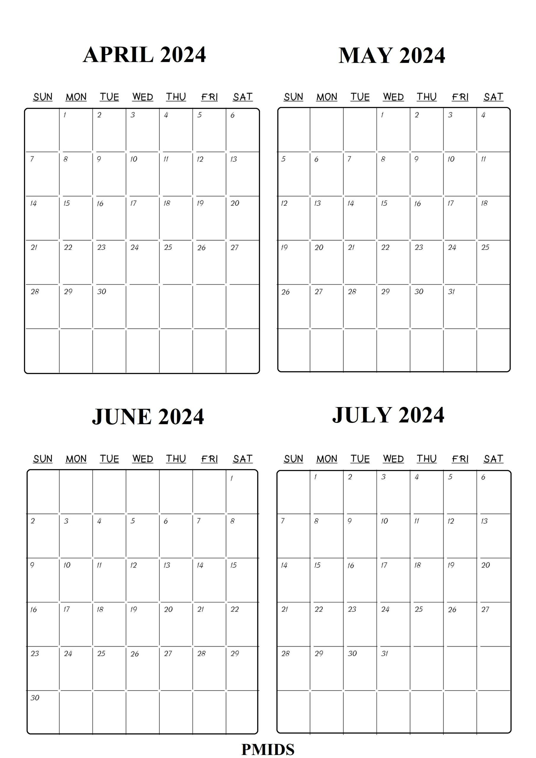 April To July 2024 Calendar Printable Templates | April Through June 2024 Calendar