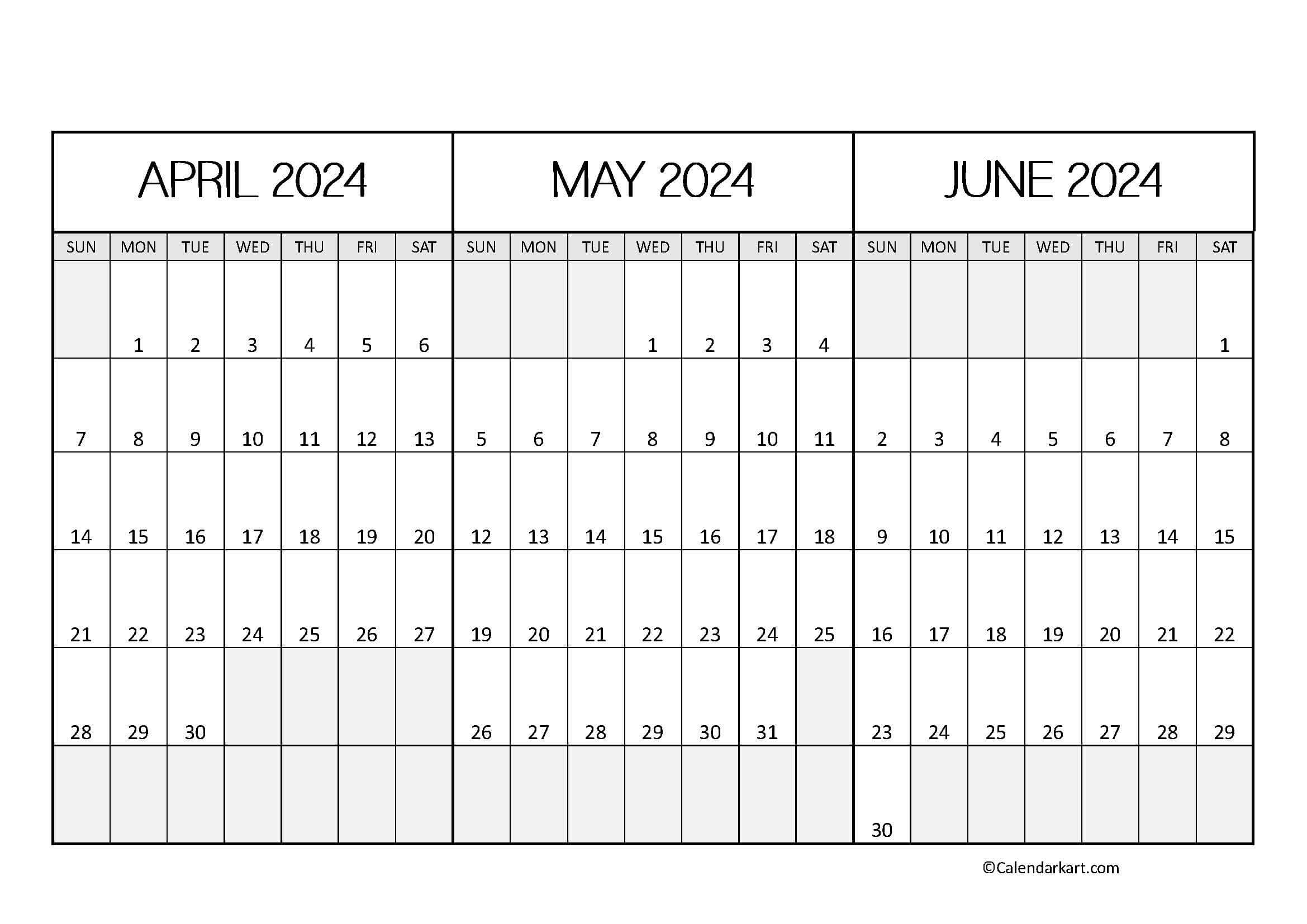 April To June 2024 Calendars (Q2): Free Printables - Calendarkart | April Through June 2024 Calendar