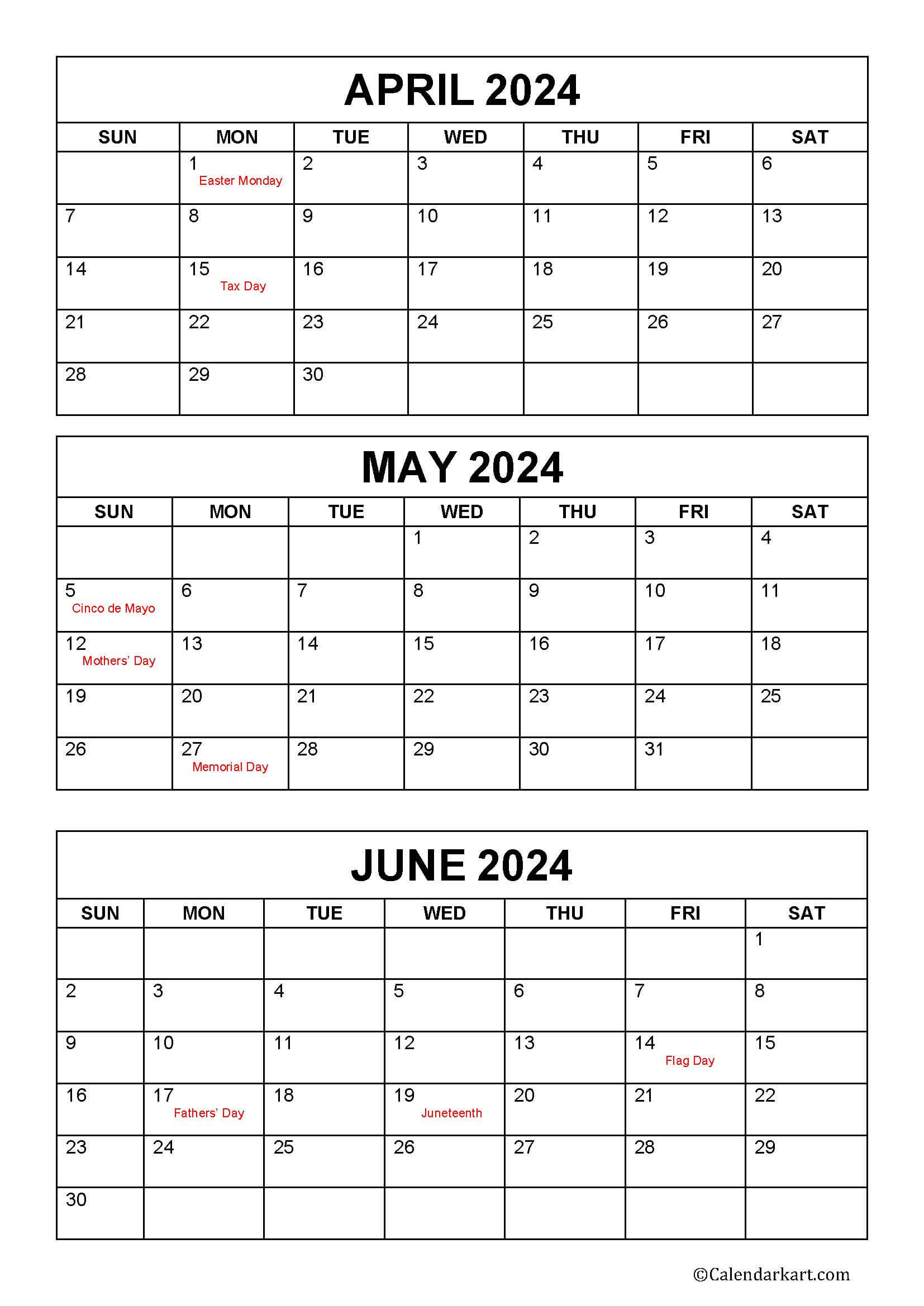 April To June 2024 Calendars (Q2): Free Printables - Calendarkart | Calendar 2024