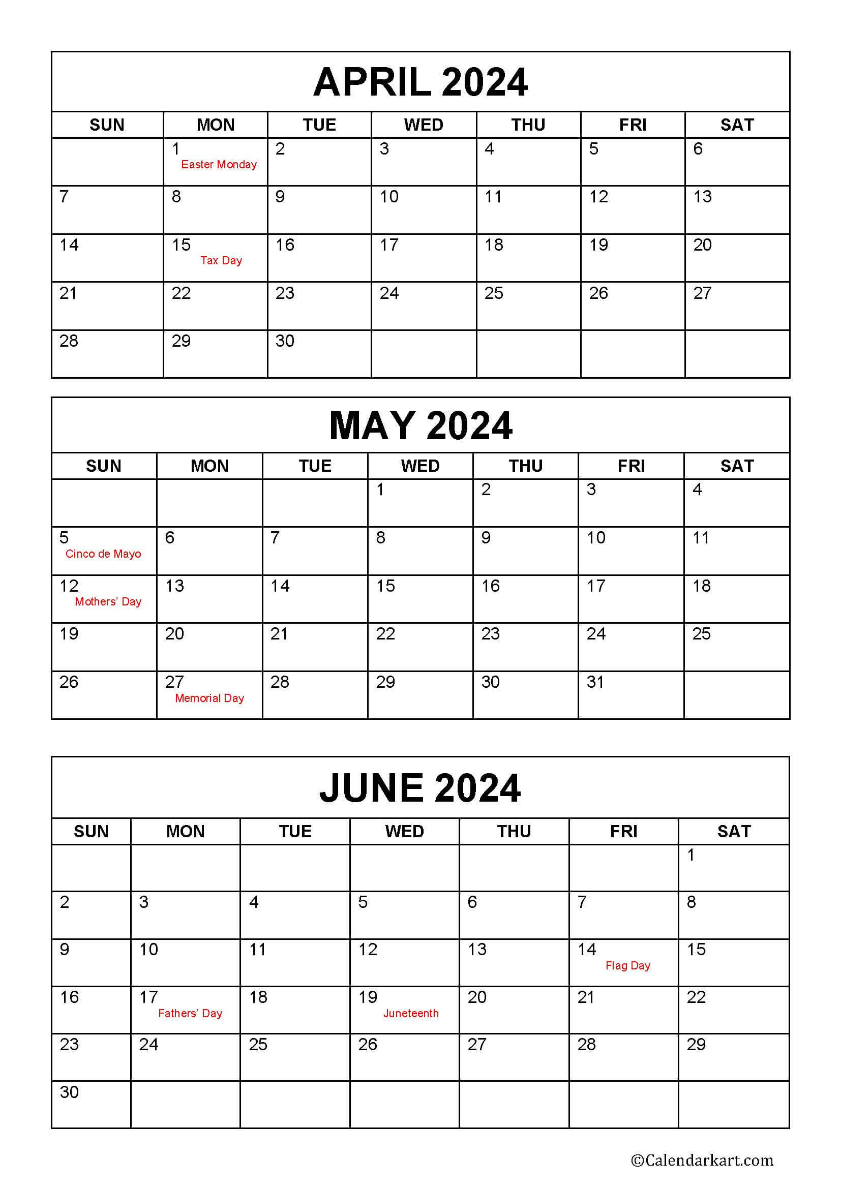 April To June 2024 Calendars (Q2): Free Printables - Calendarkart | May June 2024 Calendar With Holidays