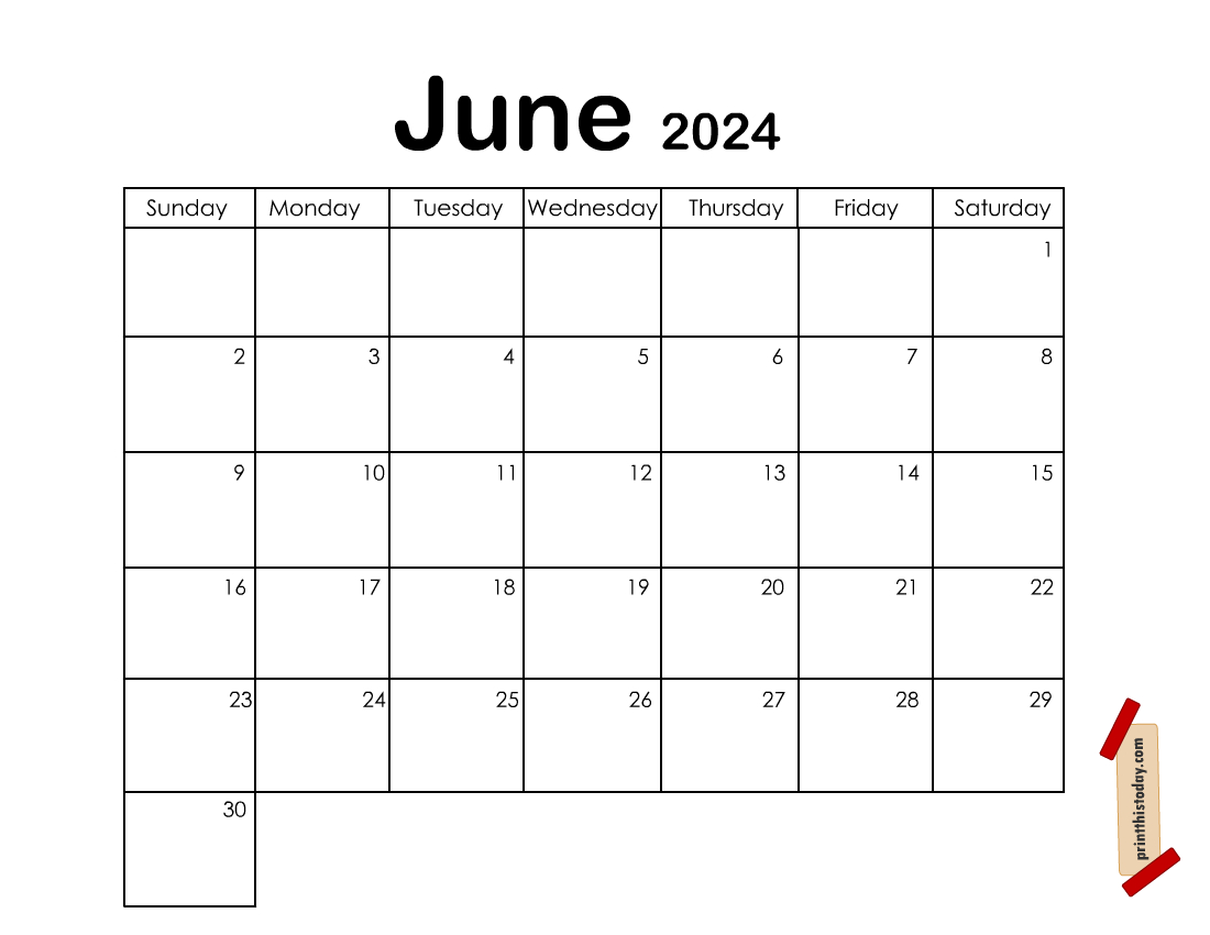 Cute Free Printable June 2024 Calendar Pages | Blank Printable June 2024 Calendar