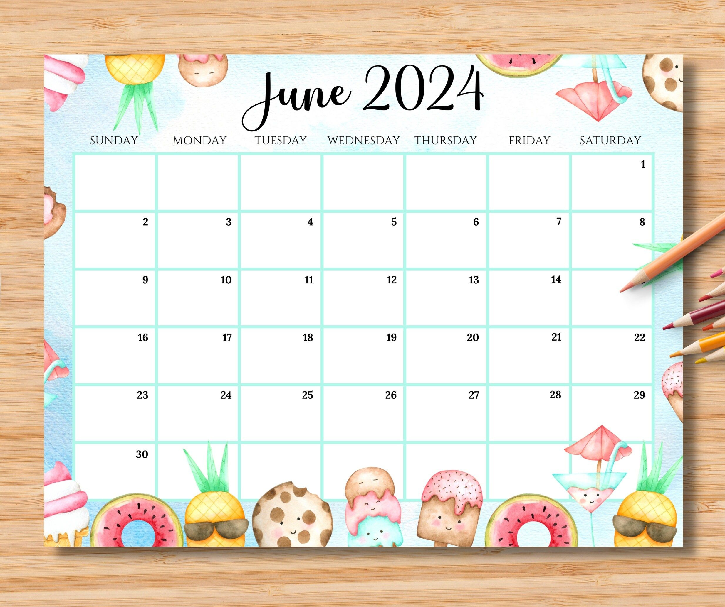 Editable June 2024 Calendar Happy Summer With Sweet Drinks | Calendar 2024