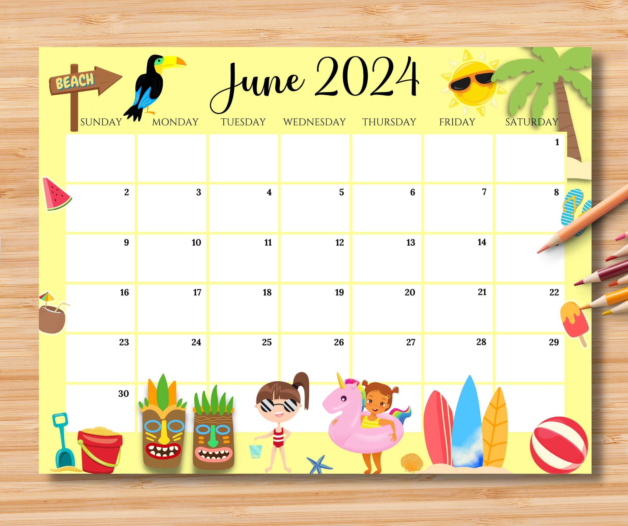 Editable June 2024 Calendar, Joyful &amp;amp; Colorful Summer At The Beach | Calendar 2024