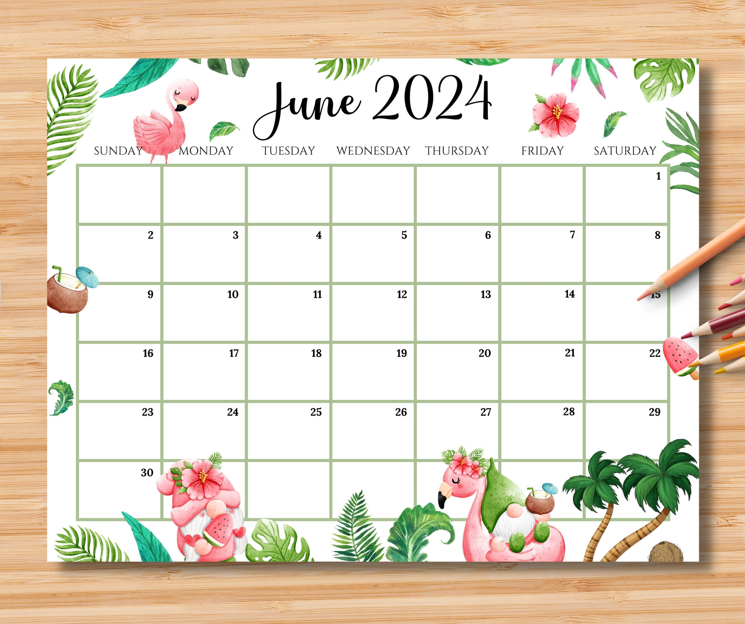 Editable June 2024 Calendar, Joyful Summer With Cute Gnomes | June 2024 Calendar Cute Printable