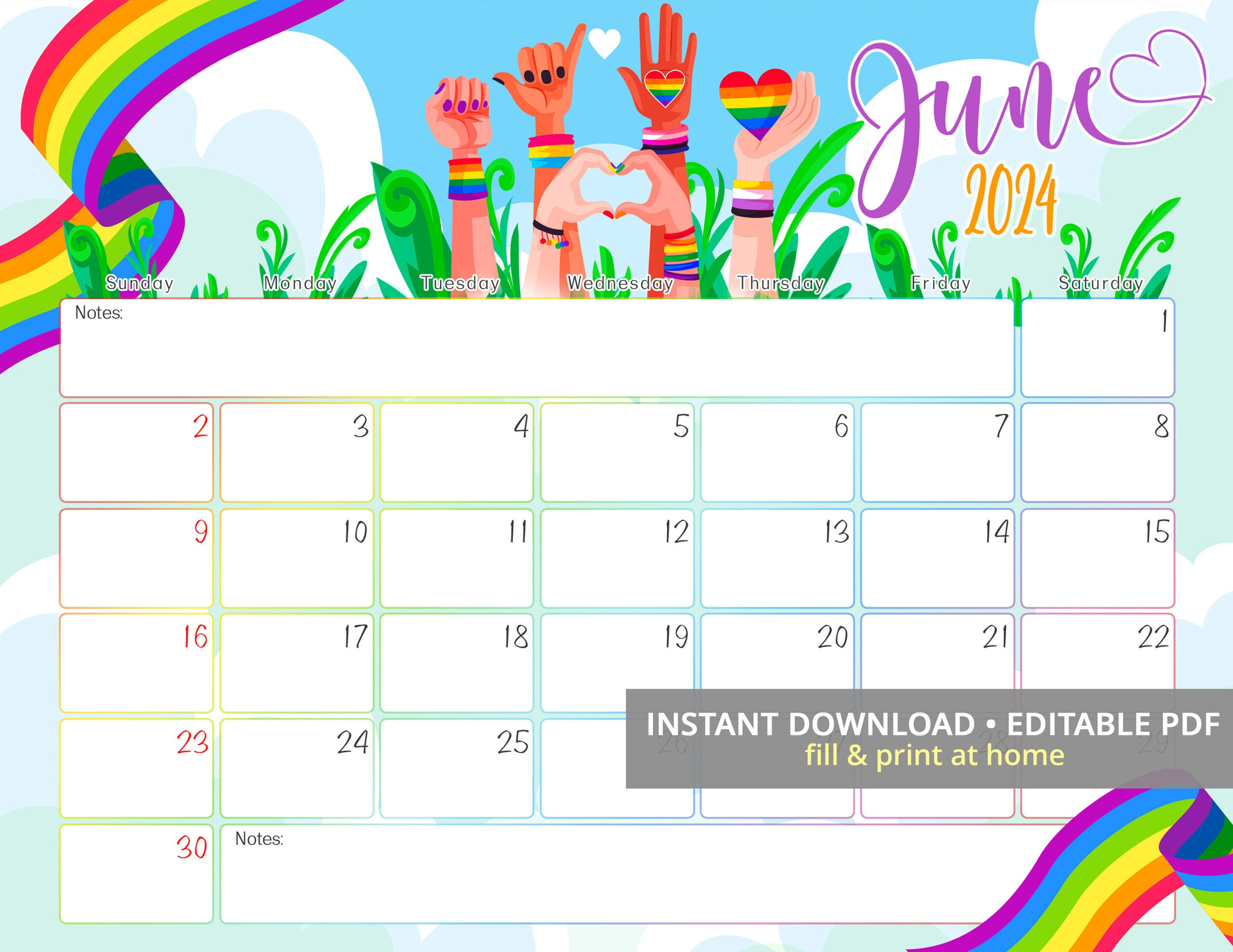 Editable June 2024 Calendar, Pride Month, Lgbt Queer Digital | Calendar 2024