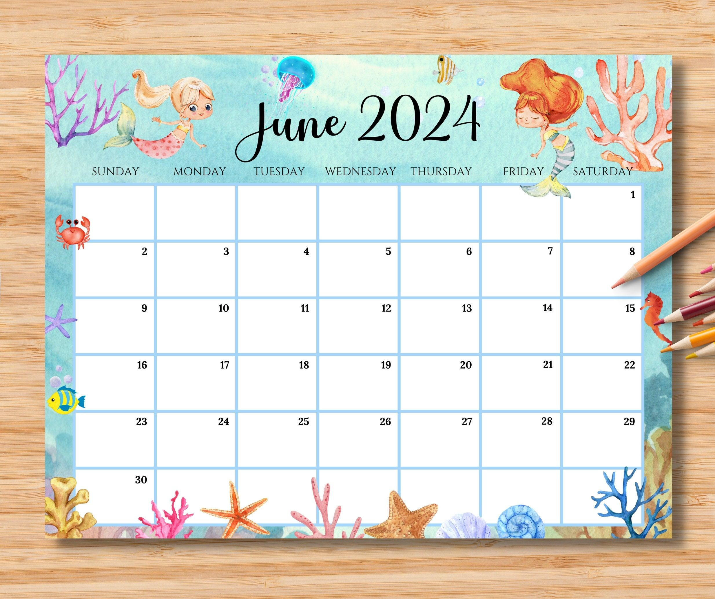 Editable June 2024 Calendar, Wonderful Summer With Cute Mermaids | Editable June 2024 Calendar