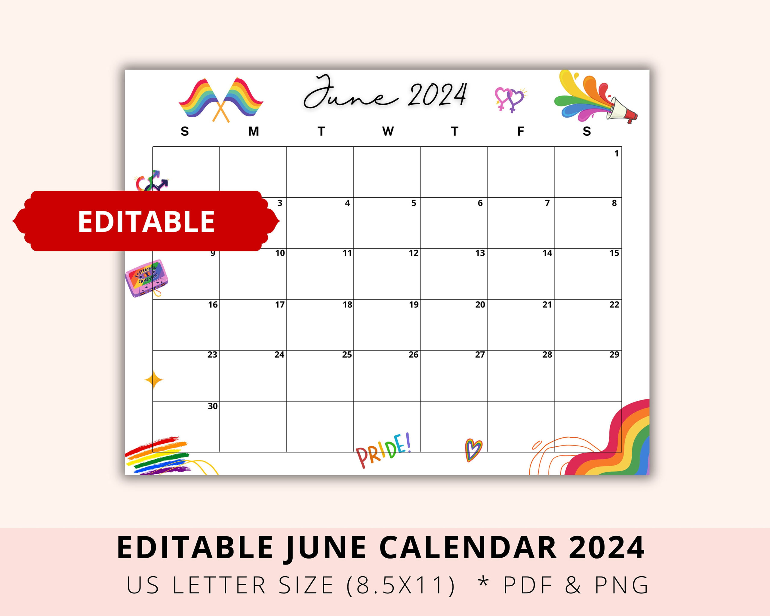 Editable June Calendar 2024, Pride Month 2024, Lgbt Proud | June 2024 Pride Month Calendar