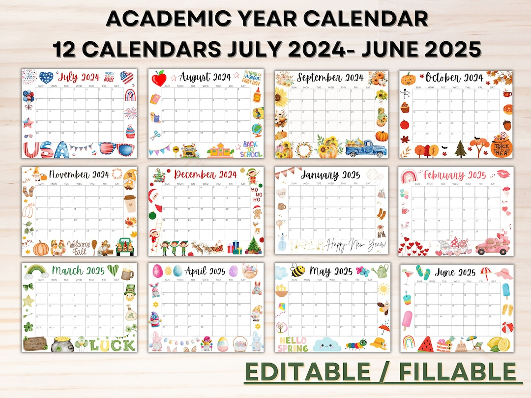 Editable School Calendar 2024-2025 From July To June Printable | August 2024 - June 2025 Calendar