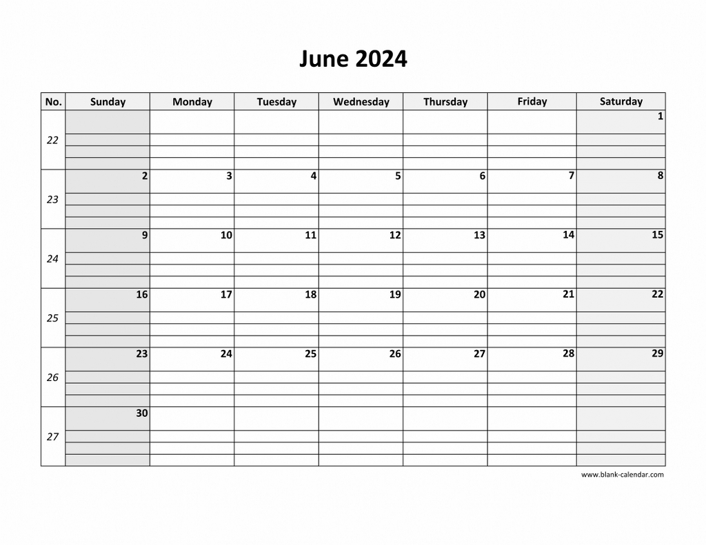 Free Download Printable June 2024 Calendar, Large Box Grid, Space | June 2024 Calendar With Lines