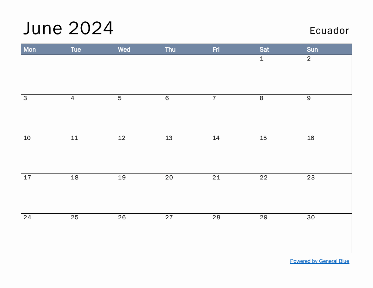 Free Monthly Calendar Template For June 2024 With Ecuador Holidays | General Blue June 2024 Calendar