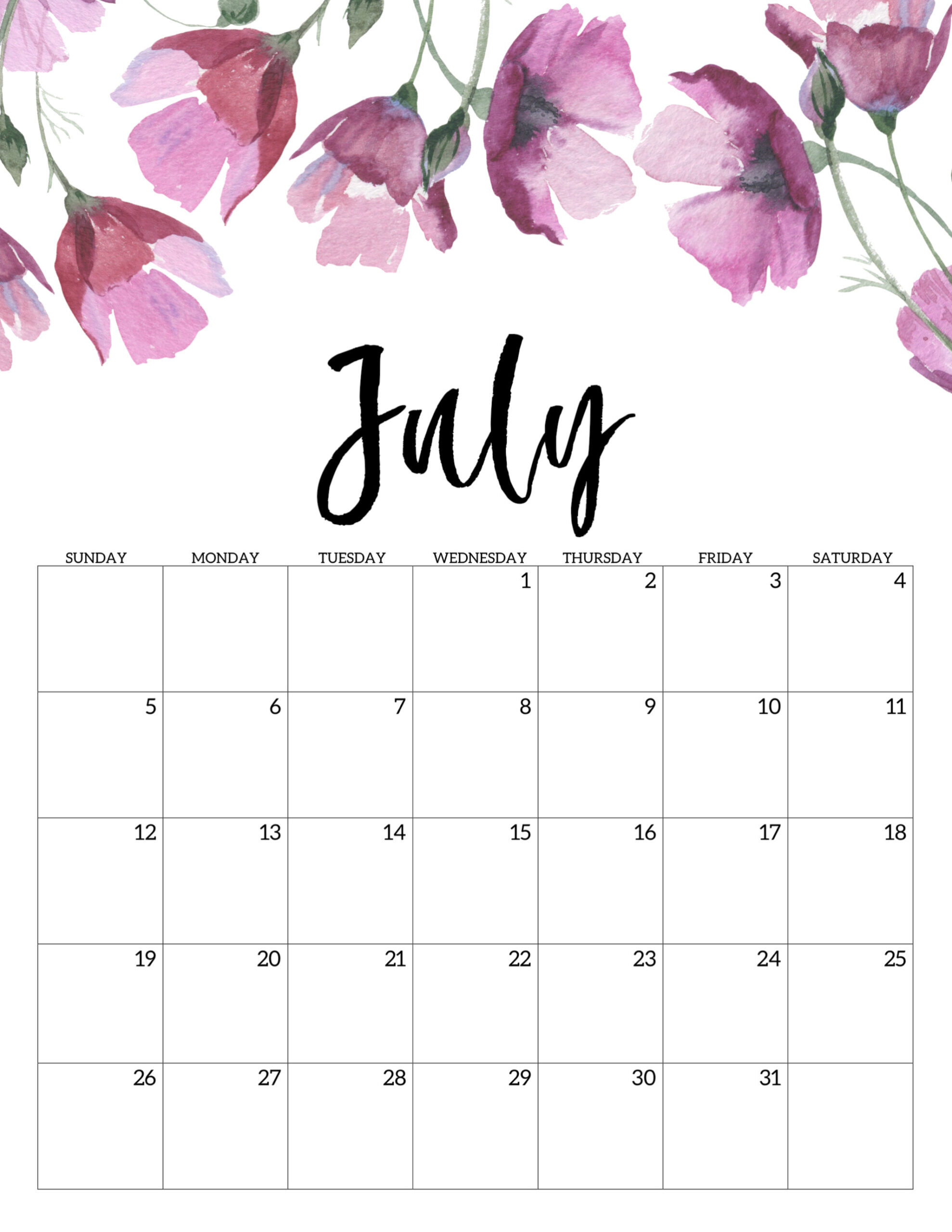 Free Printable Calendar 2020 - Floral - Paper Trail Design | Free Printable Calendar July 202