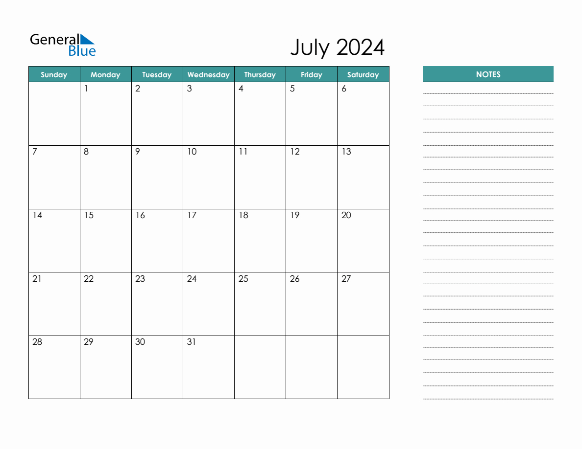 July 2024 Calendar Planner With Notes | Calendar 2024