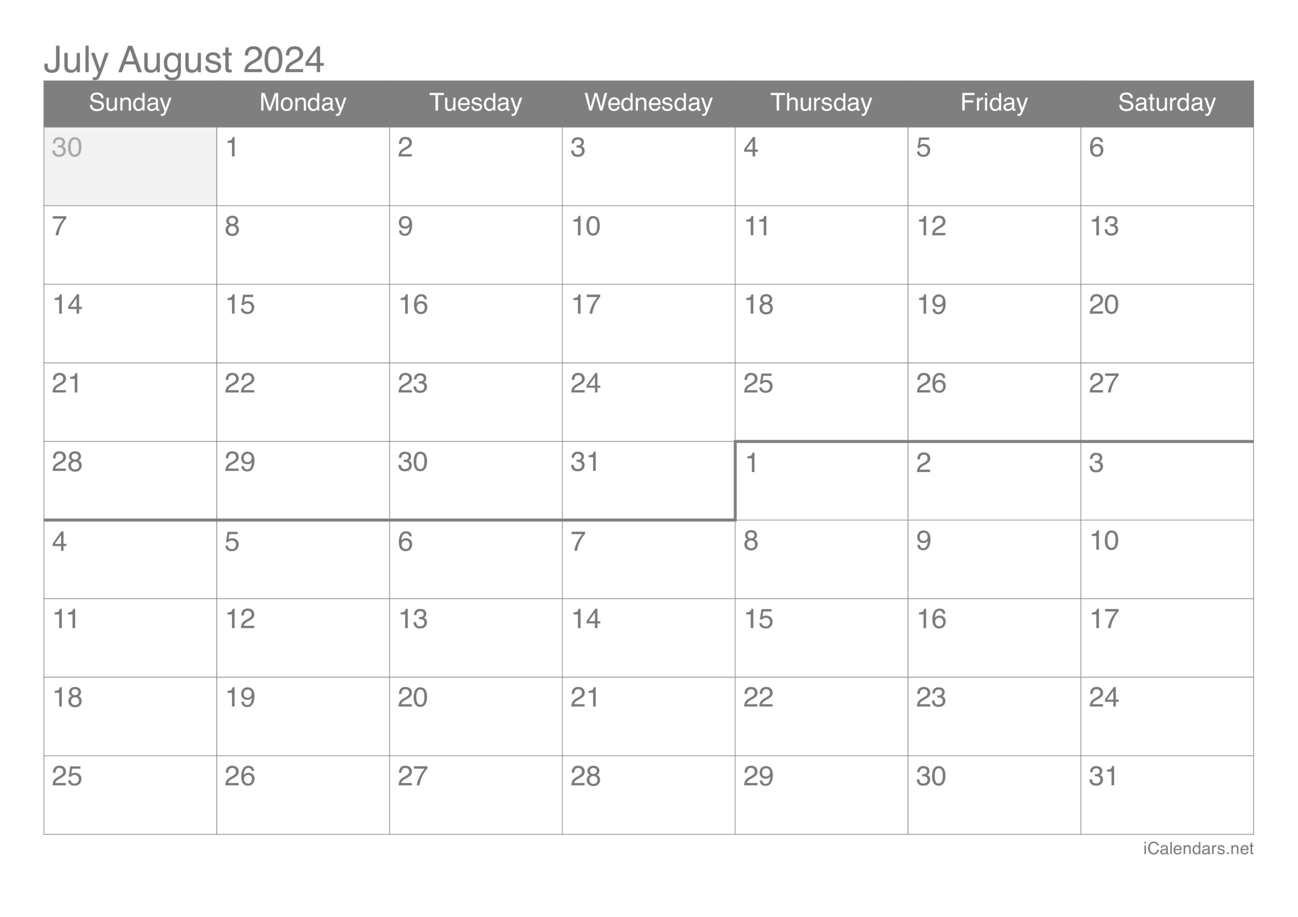 July And August 2024 Printable Calendar | Blank Calendar June July August 2024