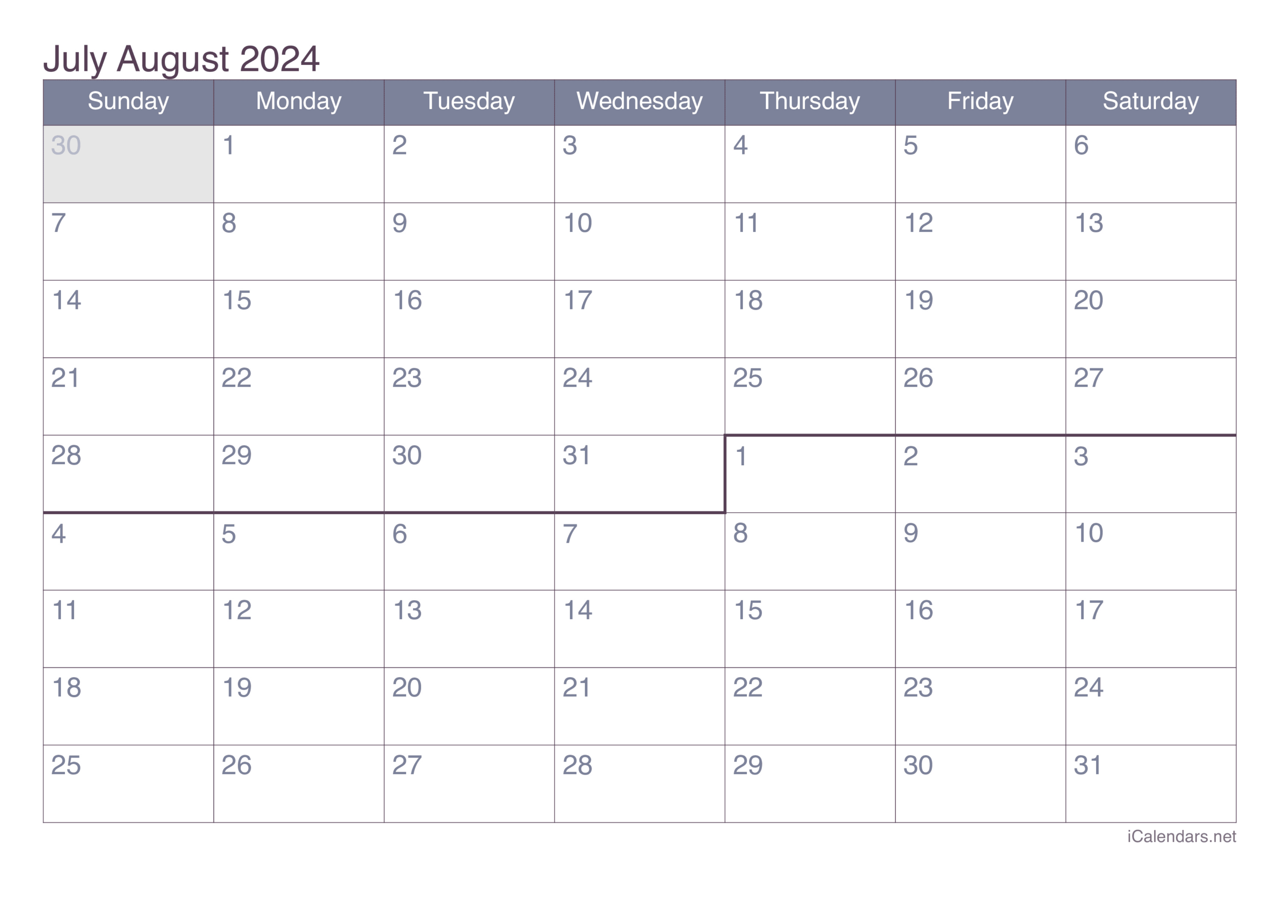July And August 2024 Printable Calendar | Calendar 2024