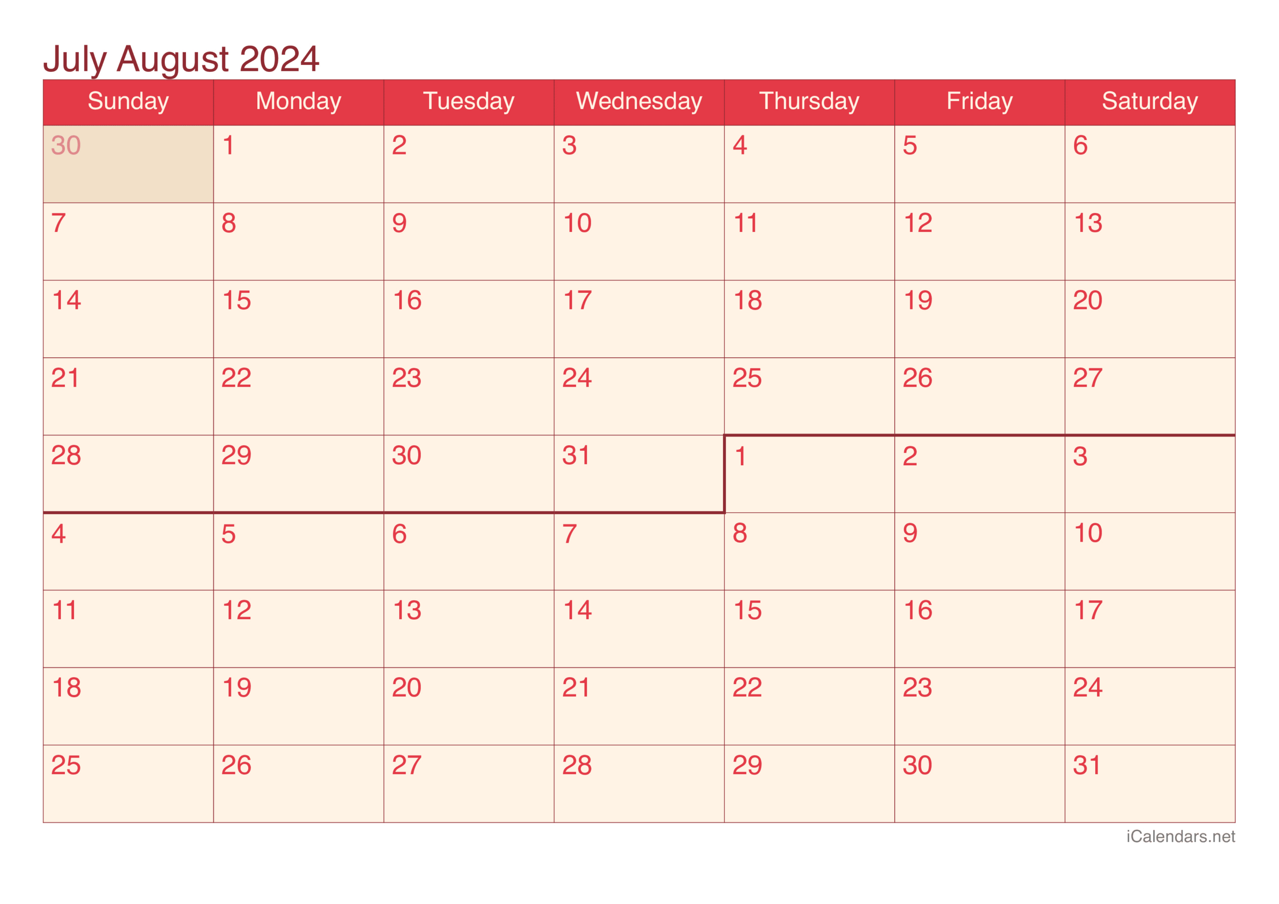 July And August 2024 Printable Calendar | Calendar For June July August 2024