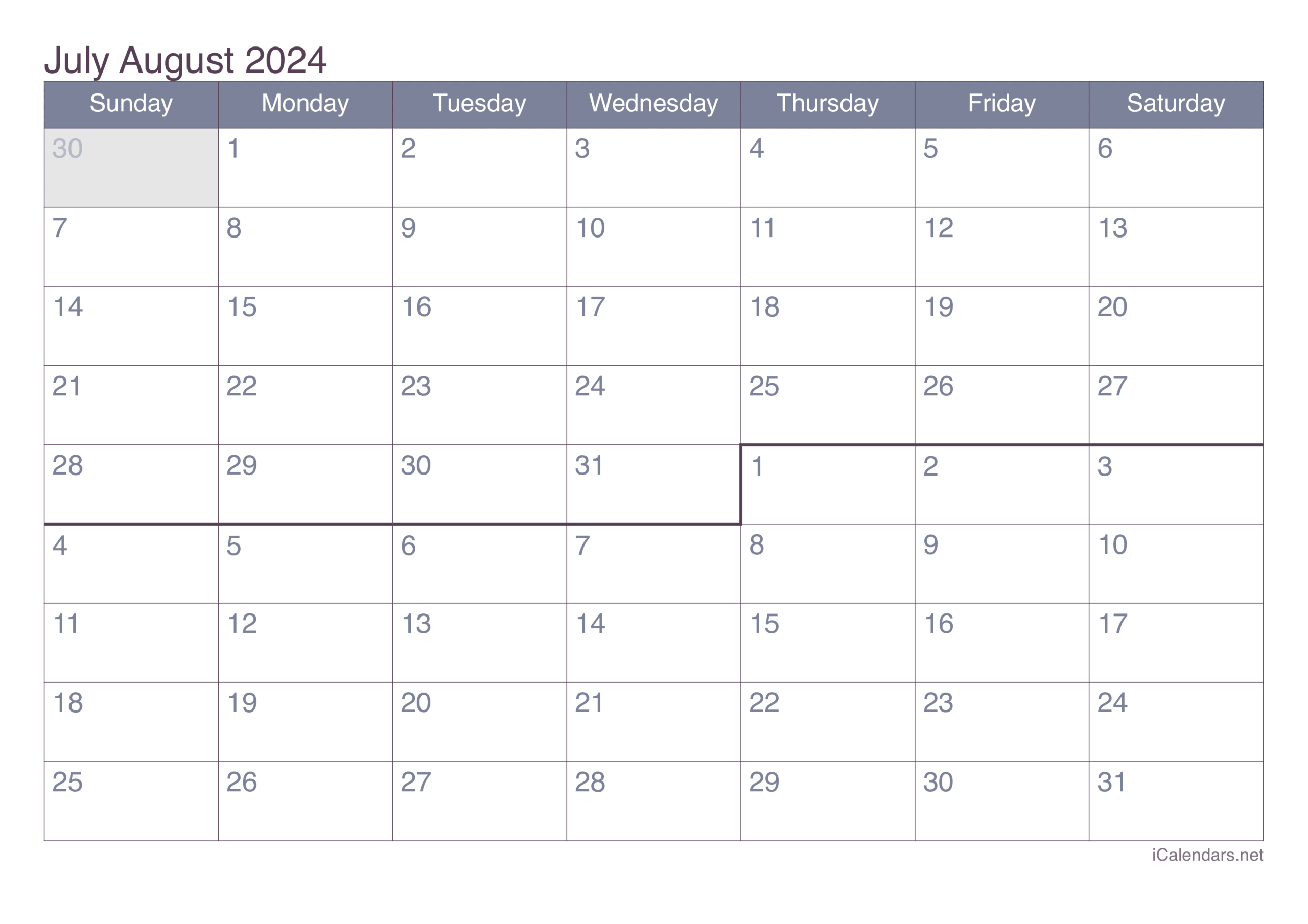 July And August 2024 Printable Calendar | Calendar For The Month of June and July 2024