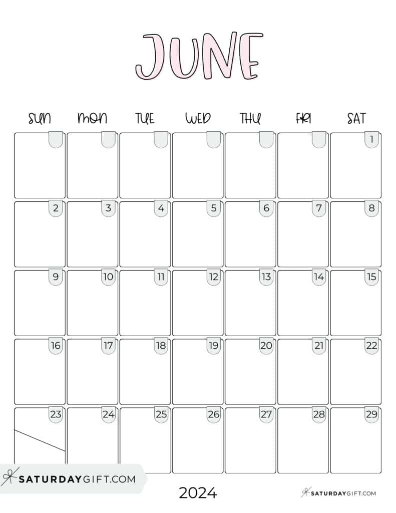 June 2024 Calendar - 20 Cute &amp;amp; Free Printables | Saturdaygift | Cute Printable June 2024 Calendar