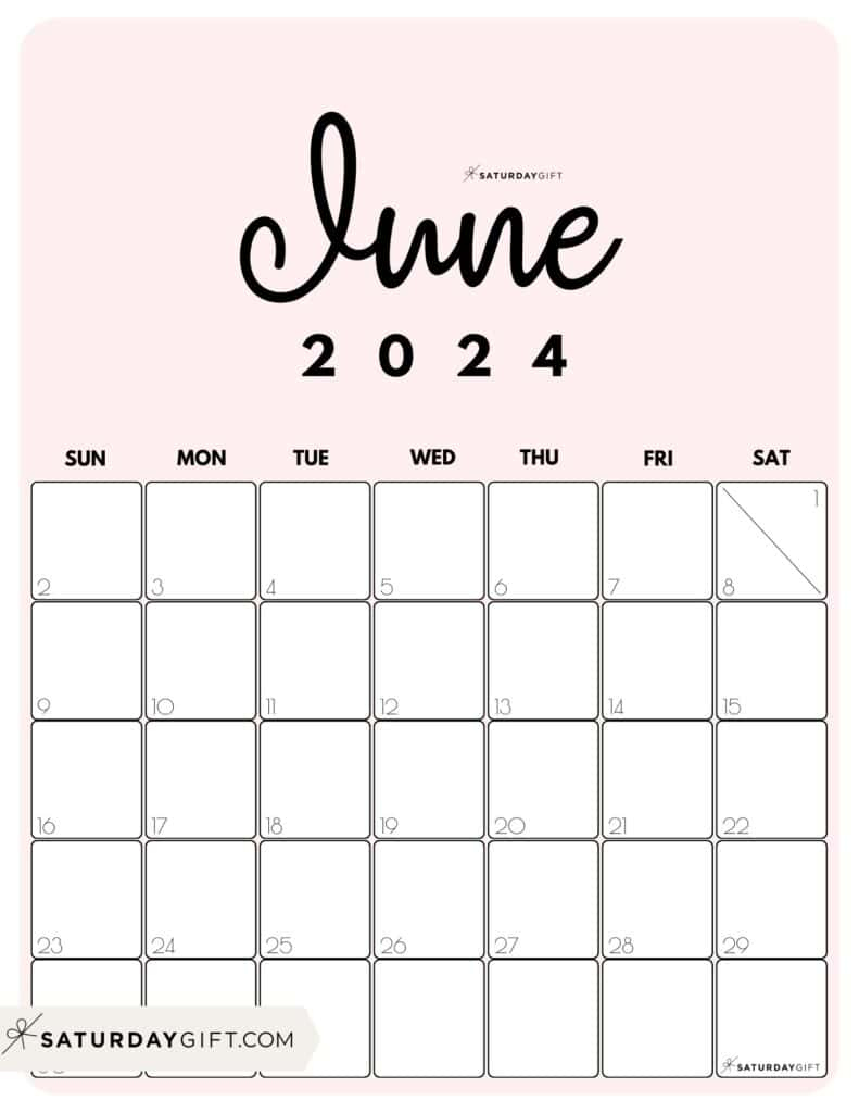 June 2024 Calendar - 20 Cute &amp;amp; Free Printables | Saturdaygift | Cute Printable June 2024 Calendar