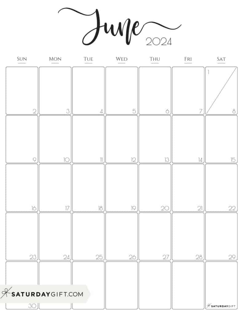 June 2024 Calendar - 20 Cute &amp;amp; Free Printables | Saturdaygift | Free Printable Monthly Calendar June 2024