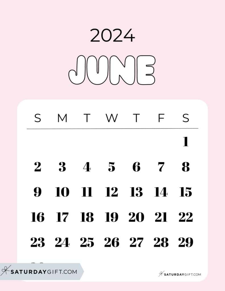 June 2024 Calendar - 20 Cute &amp;amp; Free Printables | Saturdaygift | June 2024 Calendar Cute Printable