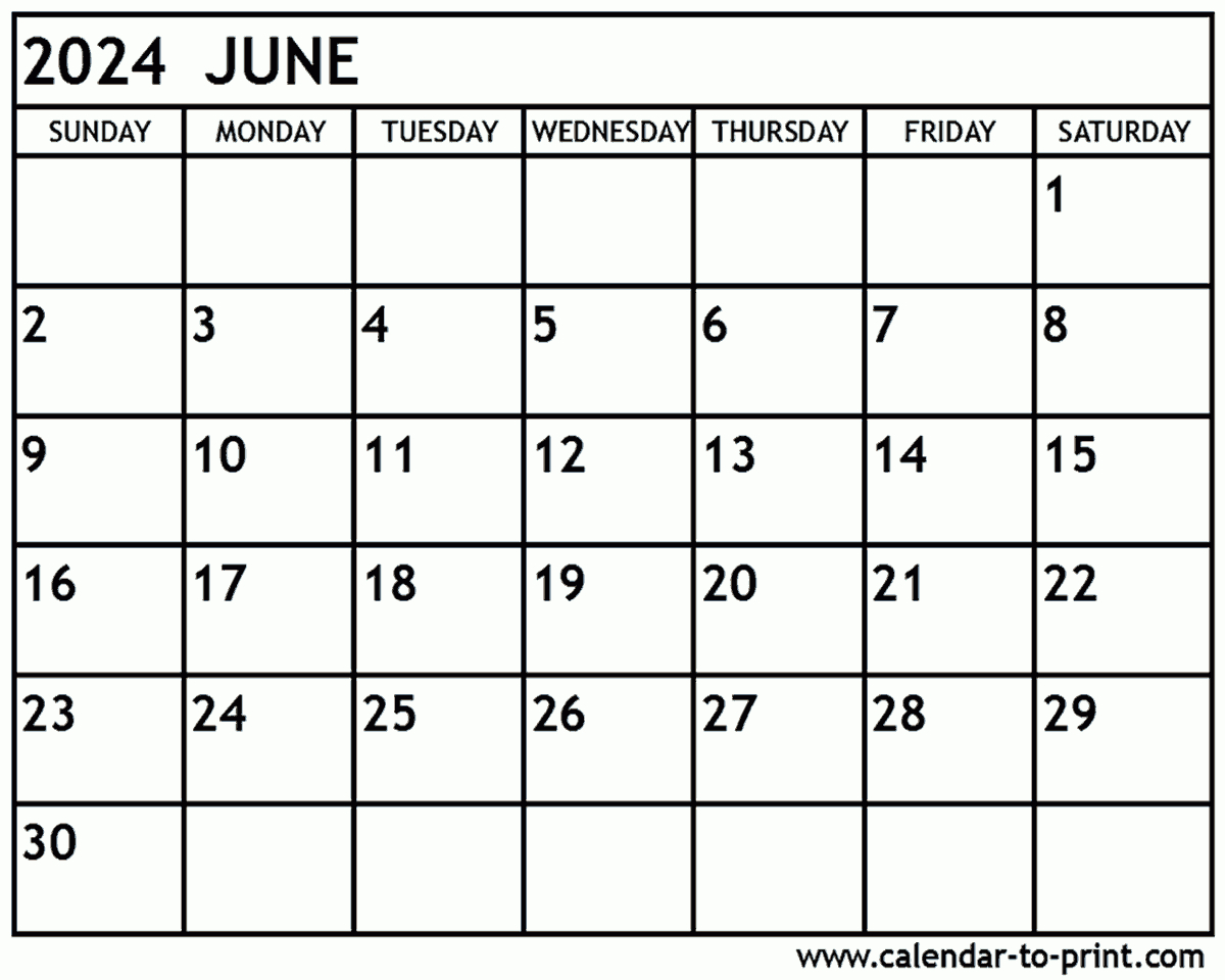 June 2024 Calendar Printable | June 2024 Calendar to Print