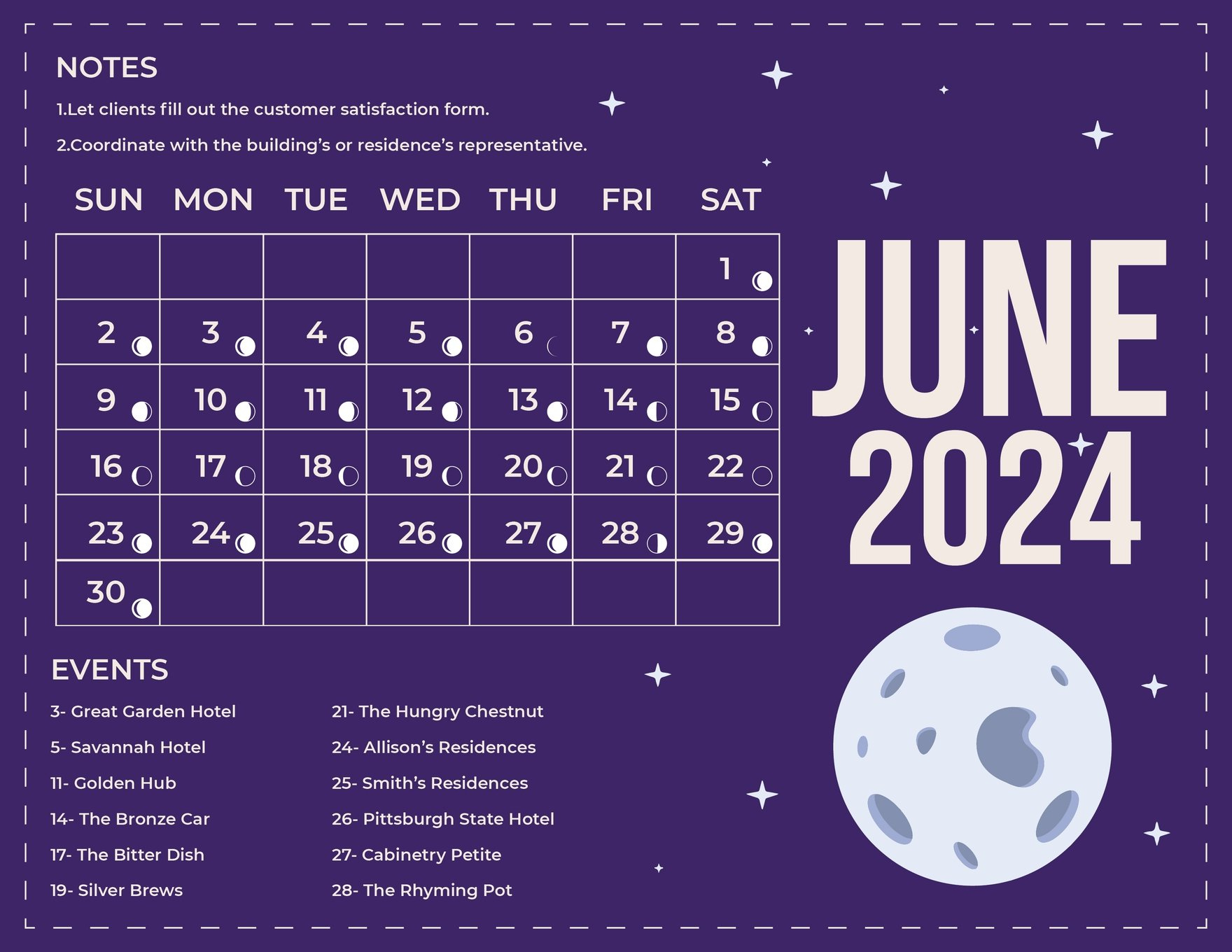 June 2024 Calendar With Moon Phases In Eps, Illustrator, Jpg, Word | Calendar 2024