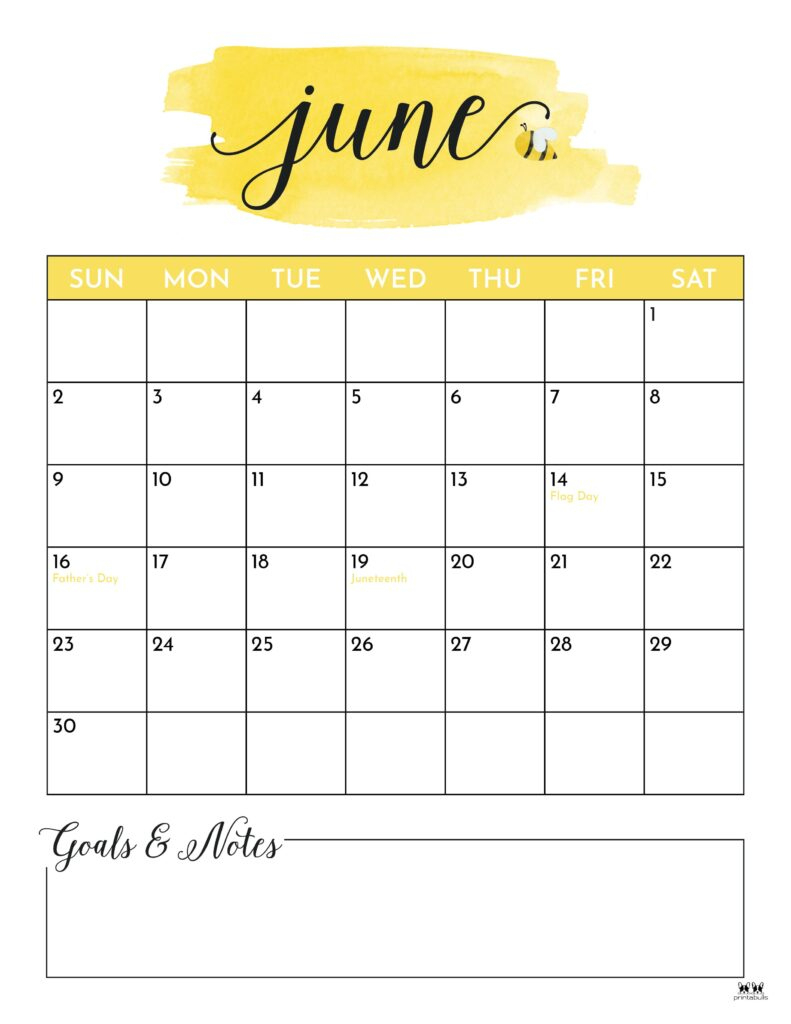 June 2024 Calendars - 50 Free Printables | Printabulls | June 2024 Printable Calendar With Notes