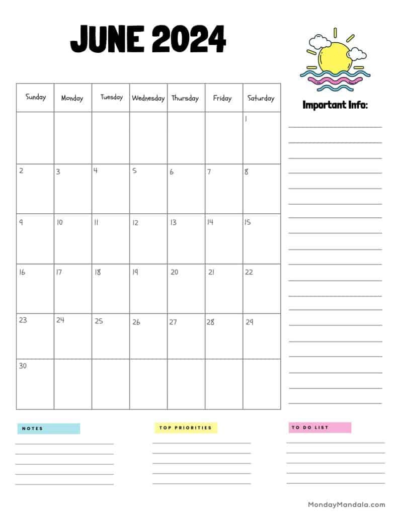 June 2024 Calendars (52 Free Pdf Printables) | June 2024 Printable Calendar With Notes