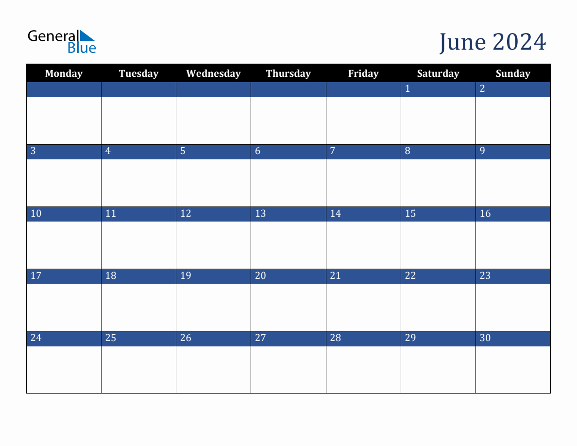 June 2024 Downloadable Monday Start Calendar | General Blue June 2024 Calendar